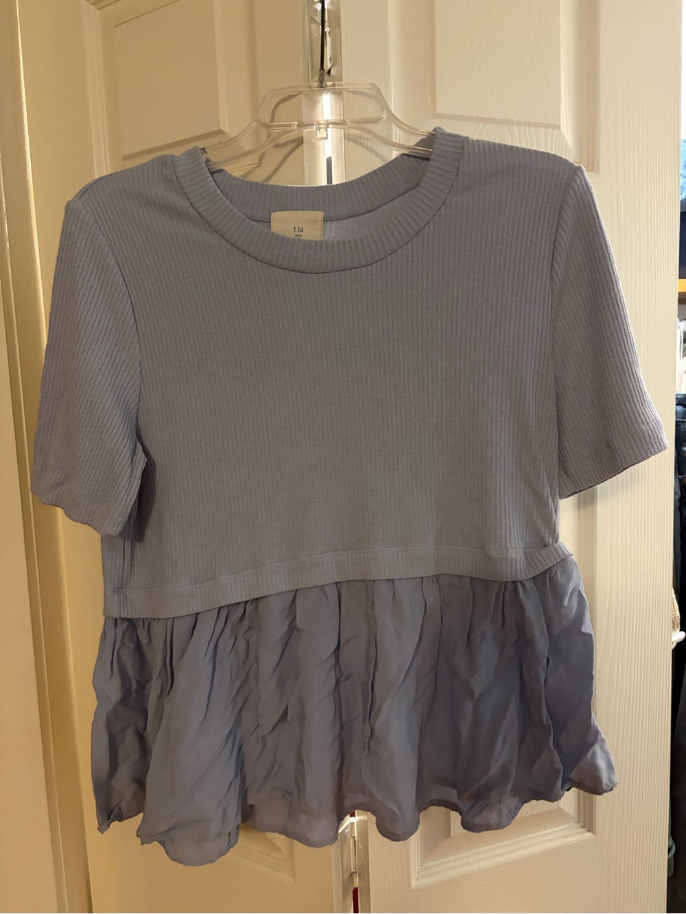 T.La Light Blue Ribbed Peplum Short Sleeve Top